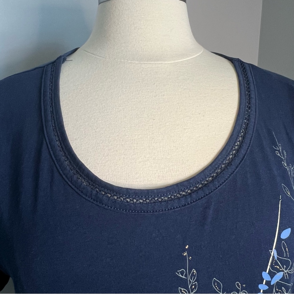 Cappagallo L Navy Blue Floral Short Sleeve Shirt Tee T-Shirt - Picture 4 of 11